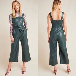 Anthropologie Samira Faux Leather Jumpsuit Green Cropped Wide Leg Belted Sz 2 🦚